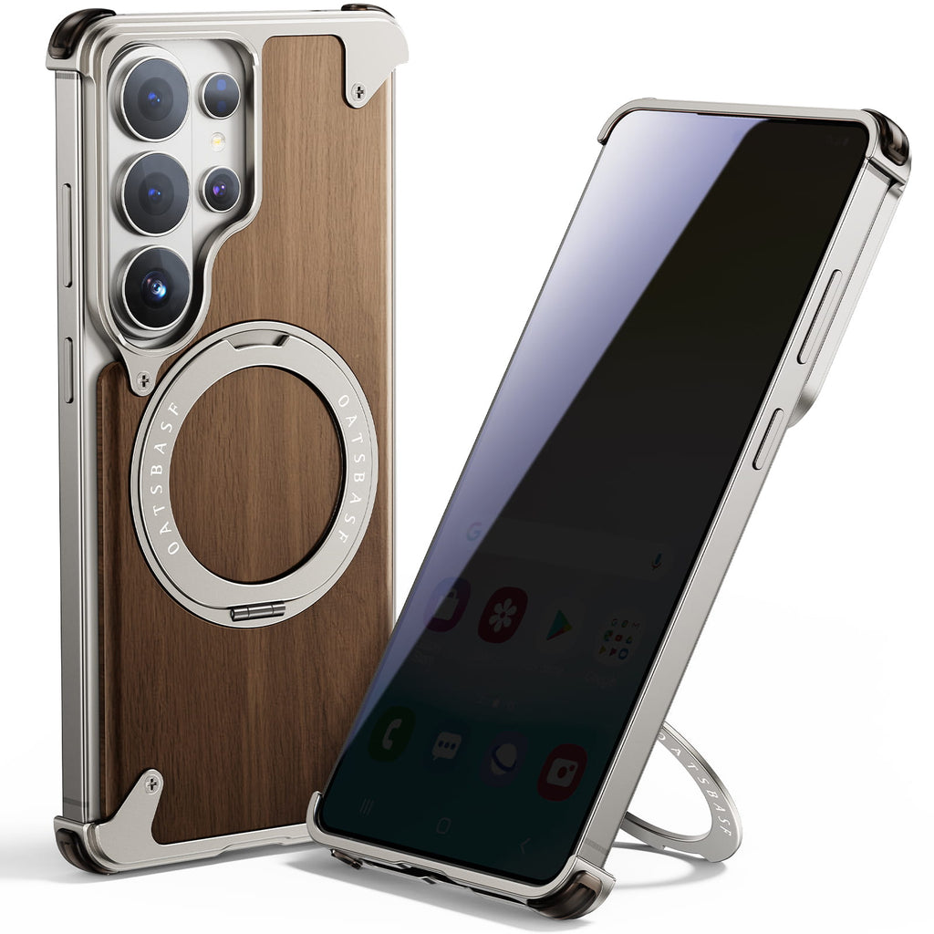 Walnut Wood Aluminum Alloy Magnetic Ring Stand Frameless Case For Samsung