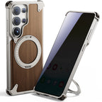 Walnut Wood Aluminum Alloy Magnetic Ring Stand Frameless Case For Samsung