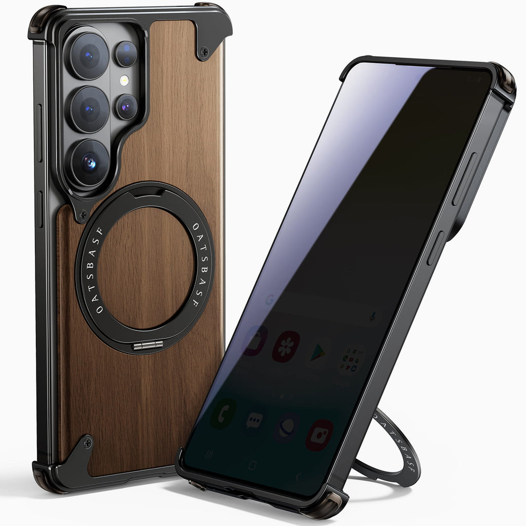 Walnut Wood Aluminum Alloy Magnetic Ring Stand Frameless Case For Samsung