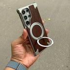 Walnut Wood Aluminum Alloy Magnetic Ring Stand Frameless Case For Samsung